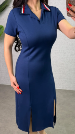 Kadın Polo Yaka çift Yırtmaç Detay Modal Kumaş Midi Boy Elbise - Görsel 2