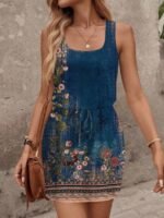 Kadın Askılı Yuvarlak Yakalı Beli Kusaklı çiçek Desenli Kısa Süprem Elbise - Görsel 6