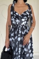 Siyah Şifon Drapeli Elbise - Görsel 3