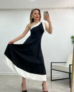 Kadın Tek Omuzu Açık Omuzlardan Kurdela Detaylı çift Renkli Ithal Krep Elbise - Görsel 7