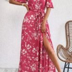 Kadın Ip Askılı Kısa Kollu Kruvaze Yakalı Yırtmaçlı Desenli Süprem Elbise