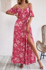 Kadın Ip Askılı Kısa Kollu Kruvaze Yakalı Yırtmaçlı Desenli Süprem Elbise