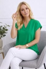 Kadın V Yaka Kısa Kol Dokuma Viskon Kumaş Bluz - Görsel 2