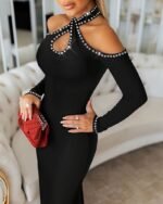 Kadın Omuzlardan Açık Boyundan Geçmeli Damla Detaylı Taşlı Midi Dalgıç Elbise - Görsel 4