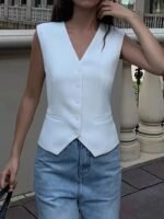 Kadın Sıfır Kollu önden Düğmeli Atlas Yelek - Görsel 4