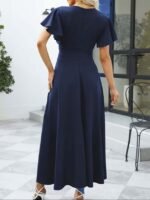 Kadın Kısa Kollu Kruvaze Yakalı ön Asimetrik Volanlı Uzun Ithal Krep Elbise - Görsel 2