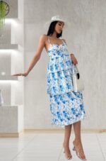 Kadın Sıfır Kol Askılı Dekolteli Yırtmaç Detay çiçek Baskılı Süprem Midi Elbise - Görsel 3