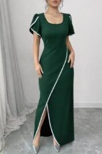 Kadın Kısa Kollu Kare Yakalı önden çapraz Kesim Detaylı Krep Elbise - Görsel 2