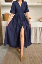 Lacivert Müslin Uzun Elbise - Görsel 4