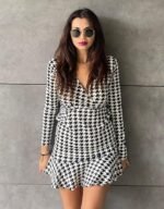 Kadın Uzun Kollu Kruvaze Yaka Kazayağı Mikro Mini Boy Elbise