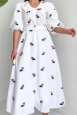 Kırmızı Yakası Çiçek Motifli Kemerli Elbise - Görsel 4