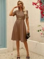 Kadın Kısa Kollu Düğmeli Ve Kemerli Atlas Elbise - Görsel 3