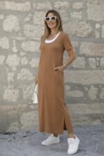 Kadın Kısa Kollu Içi Atlet Görünümlü Yandan Yırtmaçlı Uzun Viskon Elbise - Görsel 3