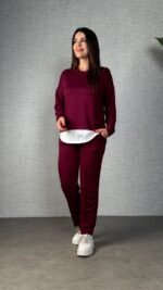 Kadın Uzun Kollu Kapşonlu Bağcıklı Viskon Iki Iplik Bluz Ve Pantolon Ikili Takım