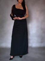 Tek Omuz Açık Derin Yırtmaçlı Krep Tam Boy Elbise - Görsel 5