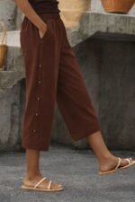 Kadın Yüksel Bel Lastikli Yandan Dügme Detaylı Midi Pantolon - Görsel 3