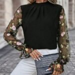 Kadın Uzun Kollu Yarı Balıkçı Yaka Tül Detaylı Ithal Krep Bluz