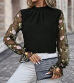 Kadın Uzun Kollu Yarı Balıkçı Yaka Tül Detaylı Ithal Krep Bluz