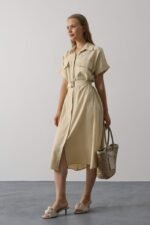 Kuşaklı Cep Detaylı Yarım Kol Elbise - Ekru - Görsel 2