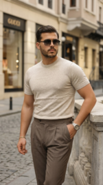 Erkek Basic Bisiklet Yaka Kısa Kollu Triko Tişört - %100 Pamuk Akrilik - Görsel 3