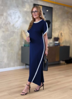 Kadın Kısa Kollu Bisiklet Yaka çift şerit Renk Detaylı Asimetrik Kesim Viskon Iki Iplik Elbise - Görsel 3