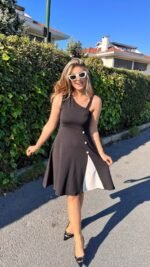 Kadın Tek Omuzu şerit Detaylı Sıfır Kol Yandan Düğme Detaylı Janjan Krep Elbise - Görsel 2