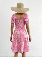 Kadın Kısa Kollu Mini çiçek Baskılı Bağcık Detay Süprem Midi Boy Elbise - Görsel 4