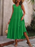 Kadın Askılı V Yakalı Uzun Dokuma Viskon Elbise - Görsel 4