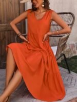 Kadın Askılı V Yakalı Uzun Dokuma Viskon Elbise - Görsel 5