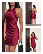 Kadın Halter Yaka Sırt Dekolteli Mini Saten Elbise - Görsel 7