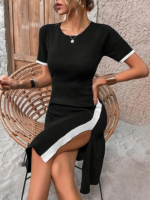 Kadın Kısa Kollu Bisiklet Yaka Yandan Yırtmaçlı Renkli şerit Detay Janjan Krep Elbise - Görsel 6