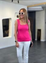 Kadın Kare Yaka Kalın Askılı Beyaz Triko Bluz - Görsel 3