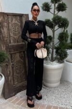 Göğüs Bağcık Detaylı Ajurlu Bluz Pantolon Takım 10098 - Görsel 5