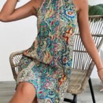 Kadın Sıfır Kol Boyundan Askılı Desenli Midi Süprem Elbise