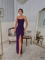 Kadın Omuz Askılı Derin Yırtmaç Detay Maxi Boy Elbise - Görsel 3