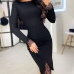 Kadın Uzun Kollu Bisiklet Yaka önden Dantel Ve Yırtmaç Detaylı Dalgıç Elbise