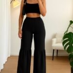 Kadın Yüksek Bel Parça Detay Bol Paça Pantolon