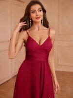 Kadın Ip Askılı Kruvaze Yakalı Yırtmaçlı Uzun Ithal Krep Elbise - Görsel 3