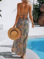 Kadın Ip Askılı Arkadan çapraz Kesim Detaylı Uzun Desenli Süprem Elbise - Görsel 4