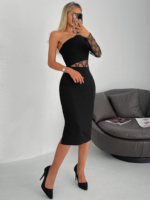 Kadın Siyah Tek Kol Dantel Detay Omuz Dekolte Krep Elbise - Görsel 13