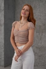 Puantiyeli Belden Oturtmalı Tül Krem Bluz - Görsel 4