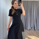 Kadın Kısa Kollu Bisiklet Yaka Maksi Boy Ithal Krep Elbise