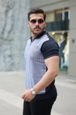 Erkek Fermuar Yakalı çizgili Kısa Kollu Tişört - Görsel 2