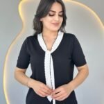 Kadın Kısa Kollu V Yaka Fular Detay Merserize Triko Bbluz