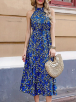 Kadın Omuz Dekolteli Halter Yaka Desenli Maxi Süprem Elbise - Görsel 2