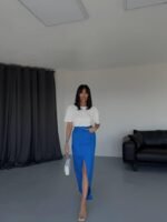 GABARDİN UZUN ÖNDEN YIRTMAÇLI ETEK - Saks