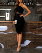 Kadın Siyah Tek Kol Dantel Detay Omuz Dekolte Krep Elbise - Görsel 3