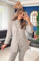 Kadın Uzun Kollu Balıkçı Yaka önden Düğmeli Bluz Ve Pantolon Yumoş Ikili Takım - Görsel 3