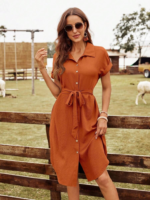 Kadın Kısa Kollu Yakalı önden Düğmeli Beli Kuşaklı Bürümcük Elbise - Görsel 5