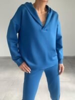 Kadın Uzun Kol V Yaka Kapüşon Detay Sweat Ve Yüksel Bel Eşofman Ikili Takım - Görsel 5